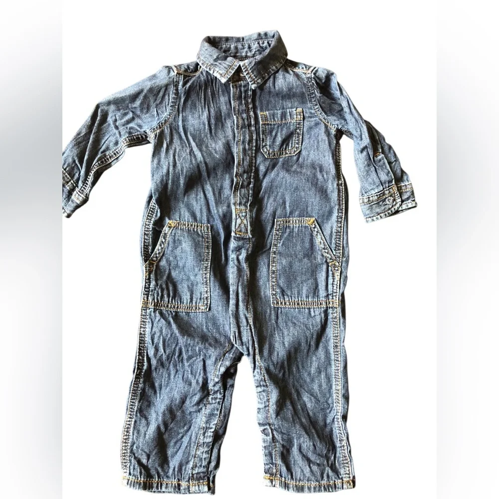4/$20 Baby Gap Snap Up Denim Blue Jeans Long Sleeve & Pants Jumpsuit Sz 6-12 Mo